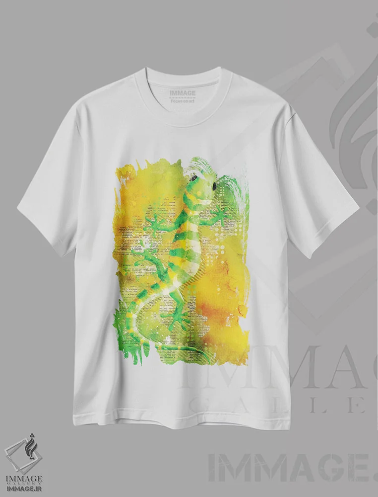 تیشرت سفید طرح دار مارمولک سبز، تزئینی اثر دورو آرت | فروشگاه ایماژ