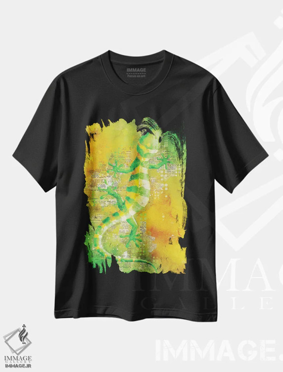 تیشرت مشکی طرح دار مارمولک سبز، تزئینی اثر دورو آرت | immage.ir