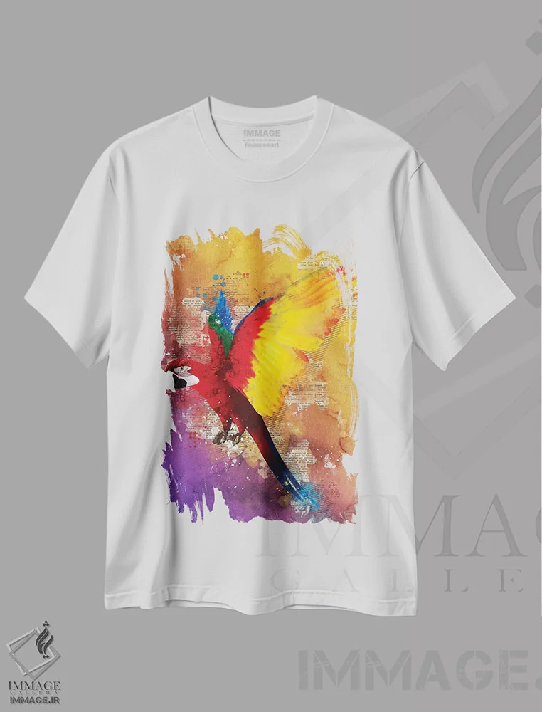 تیشرت سفید طرح دار طوطی، تزئینی اثر دورو آرت | immage.ir