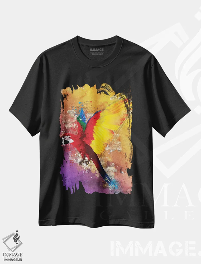 تیشرت مشکی طرح دار طوطی، تزئینی اثر دورو آرت | فروشگاه ایماژ