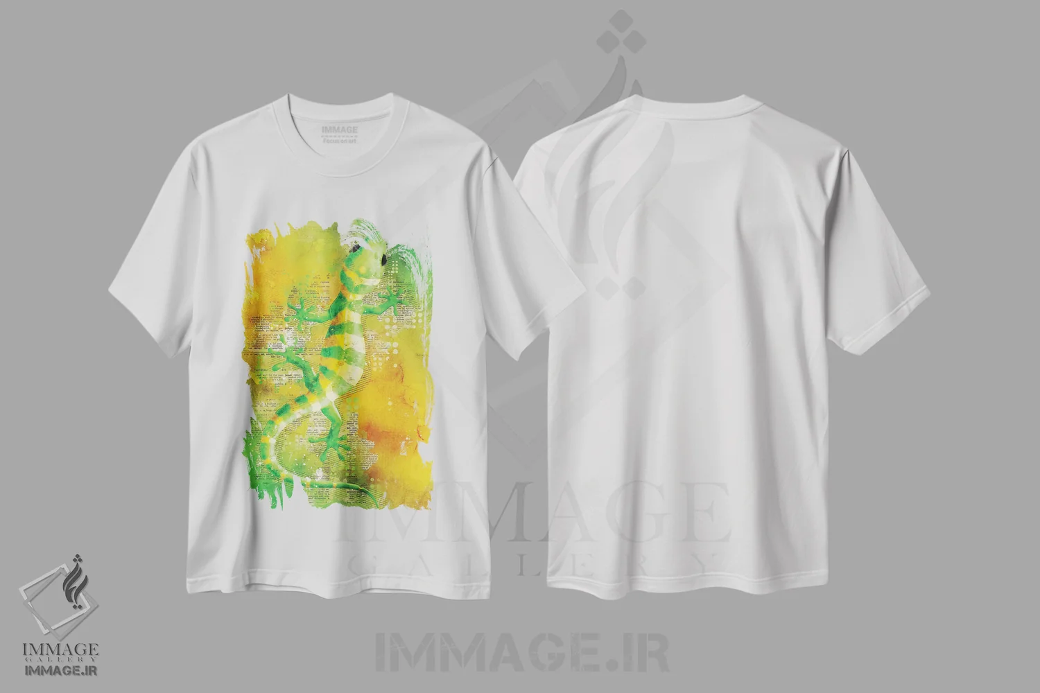 تیشرت سفید طرح دار مارمولک سبز، تزئینی اثر دورو آرت | فروشگاه ایماژ