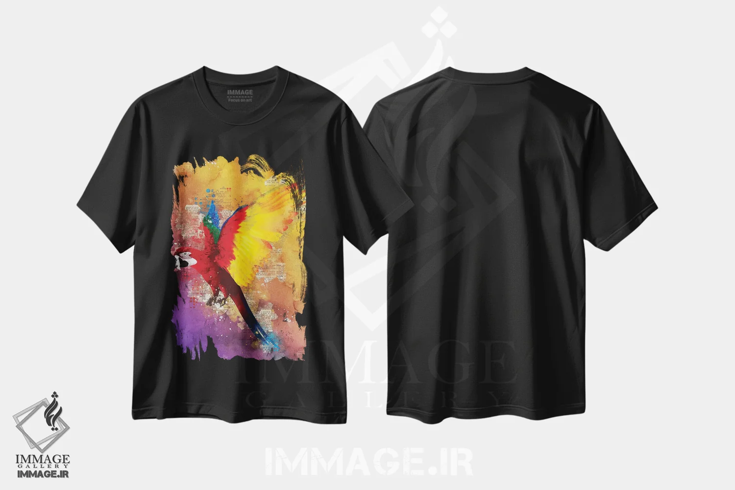 تیشرت مشکی طرح دار طوطی، تزئینی اثر دورو آرت | فروشگاه ایماژ