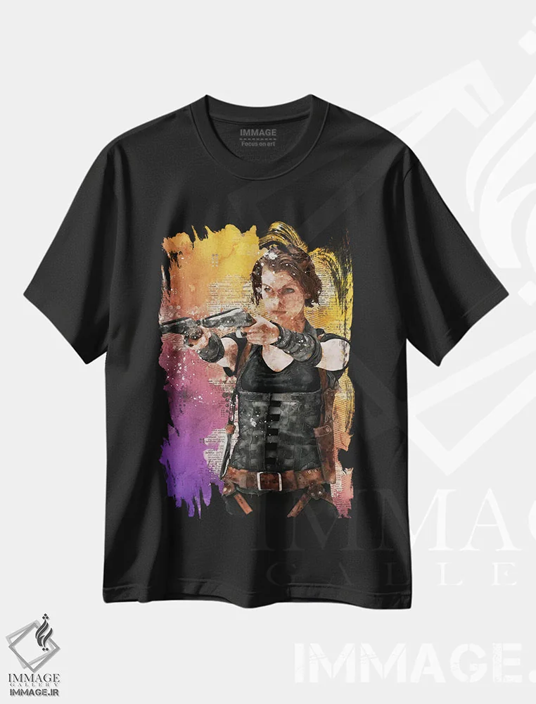 تیشرت مشکی طرح دار رزیدنت اویل آبرنگی، هنر دیجیتال اثر دورو آرت | فروشگاه ایماژ