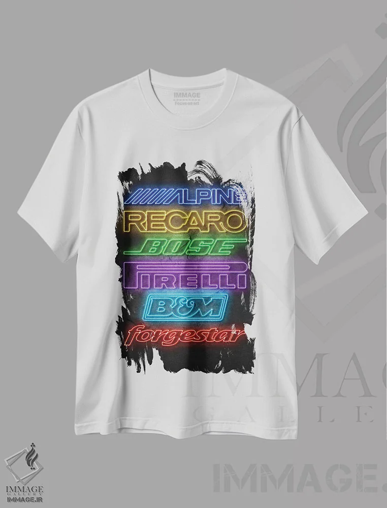 تیشرت سفید طرح دار اسپانسرهای ماشین نئونی II، هنر دیجیتال اثر دورو آرت | immage.ir
