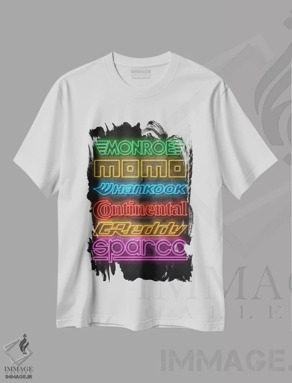 تیشرت سفید طرح دار اسپانسرهای ماشین نئونی VII، هنر دیجیتال اثر دورو آرت | فروشگاه ایماژ