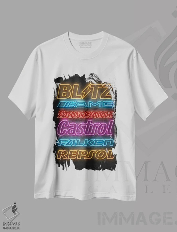 تیشرت سفید طرح دار اسپانسرهای ماشین نئونی VI، هنر دیجیتال اثر دورو آرت | immage.ir