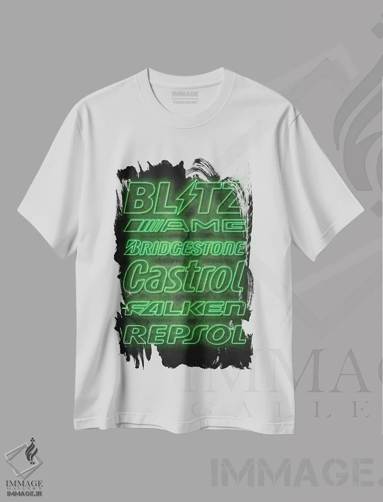 تیشرت سفید طرح دار اسپانسرهای ماشین نئونی V، هنر دیجیتال اثر دورو آرت | فروشگاه ایماژ