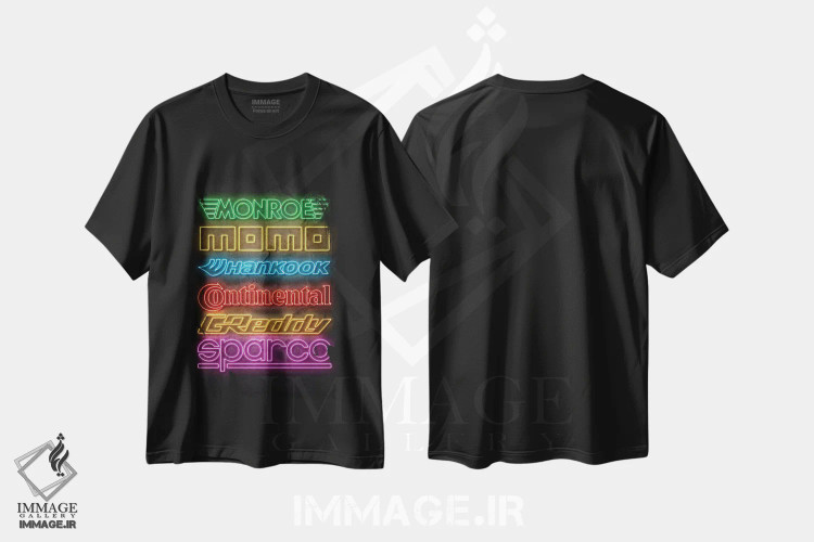تیشرت مشکی طرح دار اسپانسرهای ماشین نئونی VII، هنر دیجیتال اثر دورو آرت | immage.ir