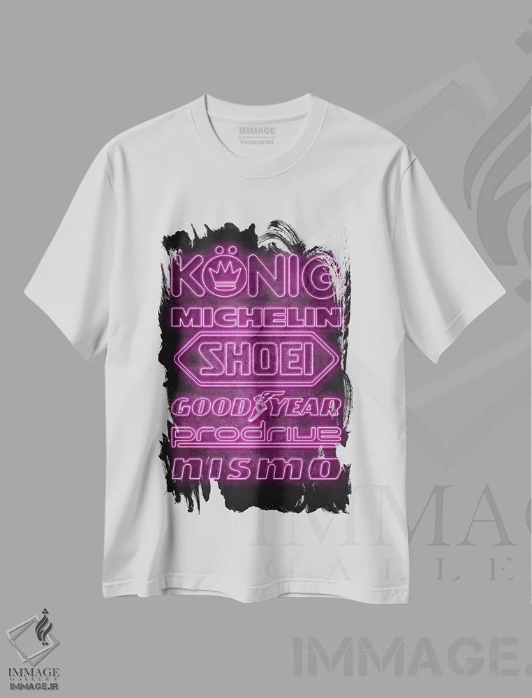 تیشرت سفید طرح دار اسپانسرهای ماشین نئونی IX، هنر دیجیتال اثر دورو آرت | فروشگاه ایماژ