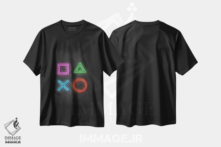 تیشرت مشکی طرح دار نمادهای پلی استیشن، تزئینی اثر دورو آرت | immage.ir