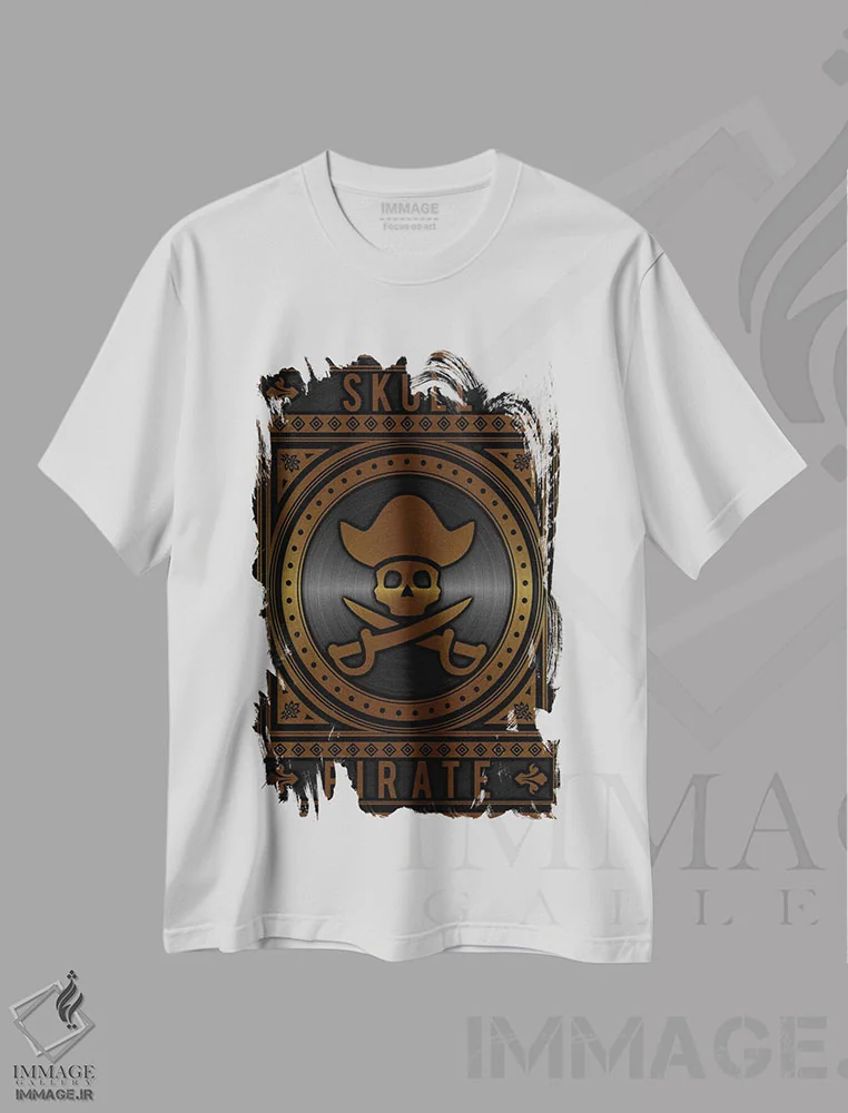 تیشرت سفید طرح دار جمجمه دزد دریایی طلایی، آبستره اثر دورو آرت | immage.ir