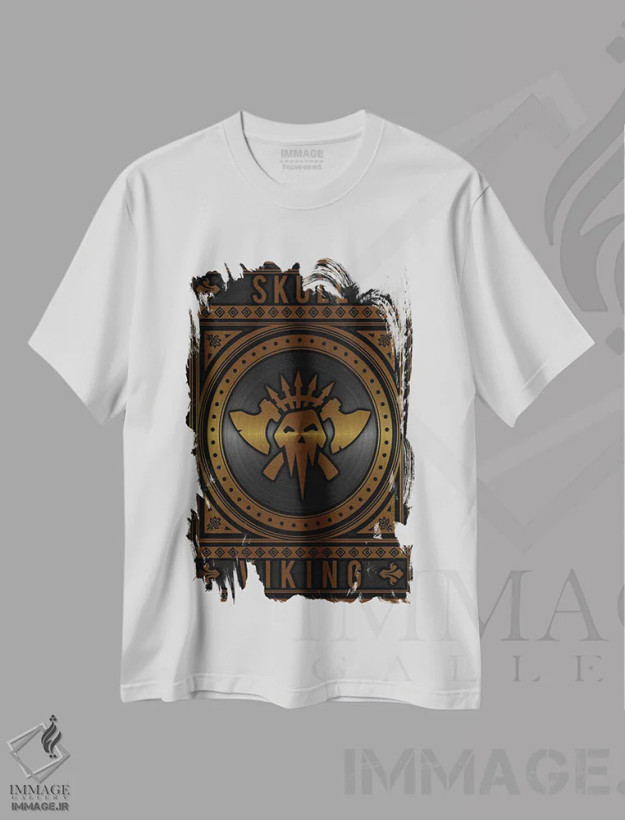 تیشرت سفید طرح دار جمجمه وایکینگ طلایی، آبستره اثر دورو آرت | فروشگاه ایماژ