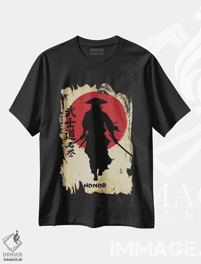 تیشرت مشکی طرح دار شرافت بوشیدو، هنر دیجیتال اثر دورو آرت | فروشگاه ایماژ