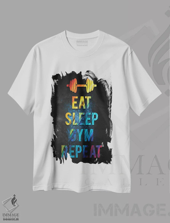 تیشرت سفید طرح دار بخور بخواب باشگاه برو تکرار کن II، هنر دیجیتال اثر دورو آرت | immage.ir