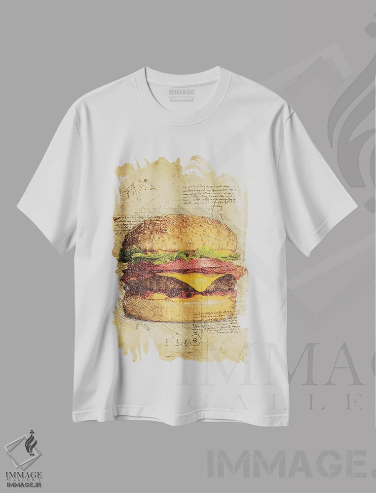 تیشرت سفید طرح دار برگر، تزئینی اثر دورو آرت | فروشگاه ایماژ