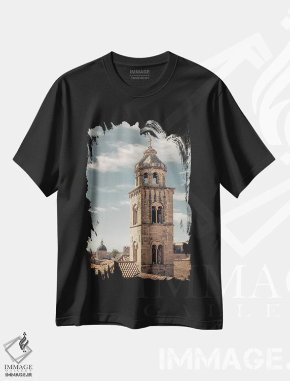 تیشرت مشکی طرح دار برج صومعه دوبروونیک، مدیوم اثر دیو بومن | فروشگاه ایماژ