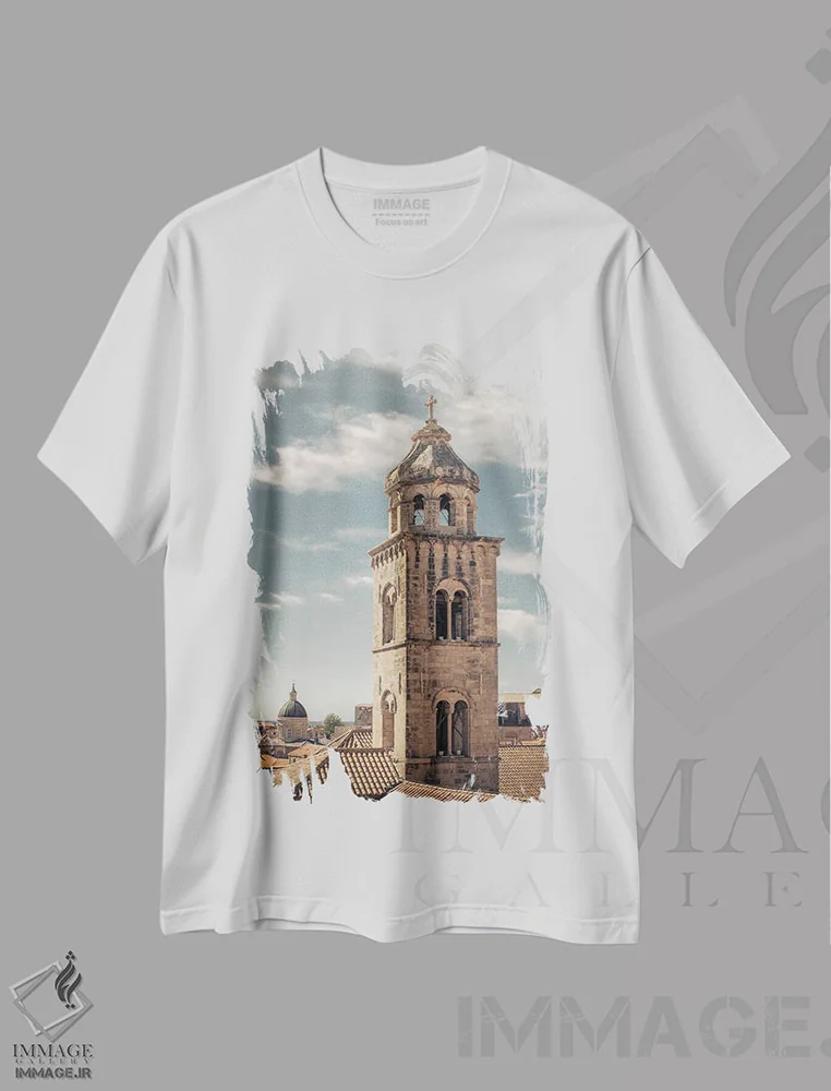 تیشرت سفید طرح دار برج صومعه دوبروونیک، مدیوم اثر دیو بومن | immage.ir