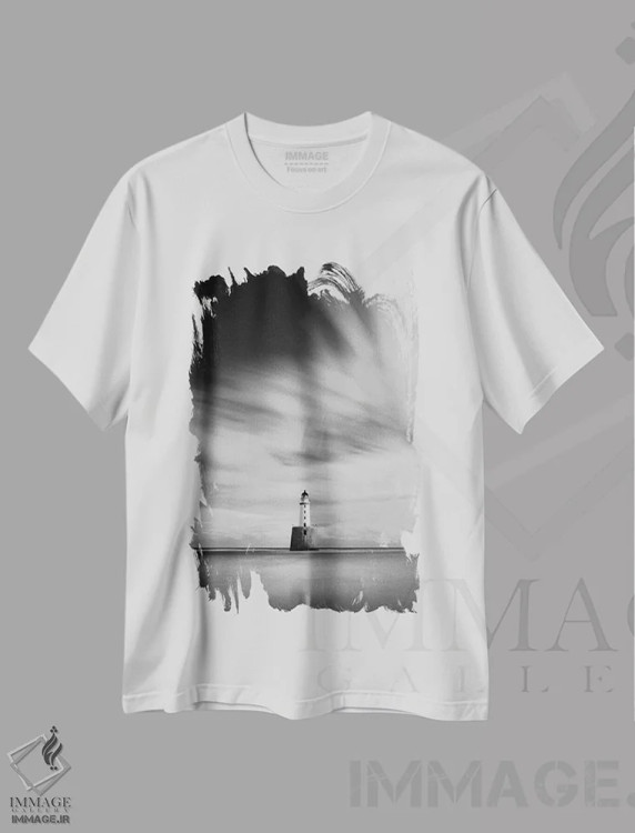 تیشرت سفید طرح دار فانوس دریایی رترِی هد II، عکاسی سیاه و سفید اثر دیو بومن | فروشگاه ایماژ