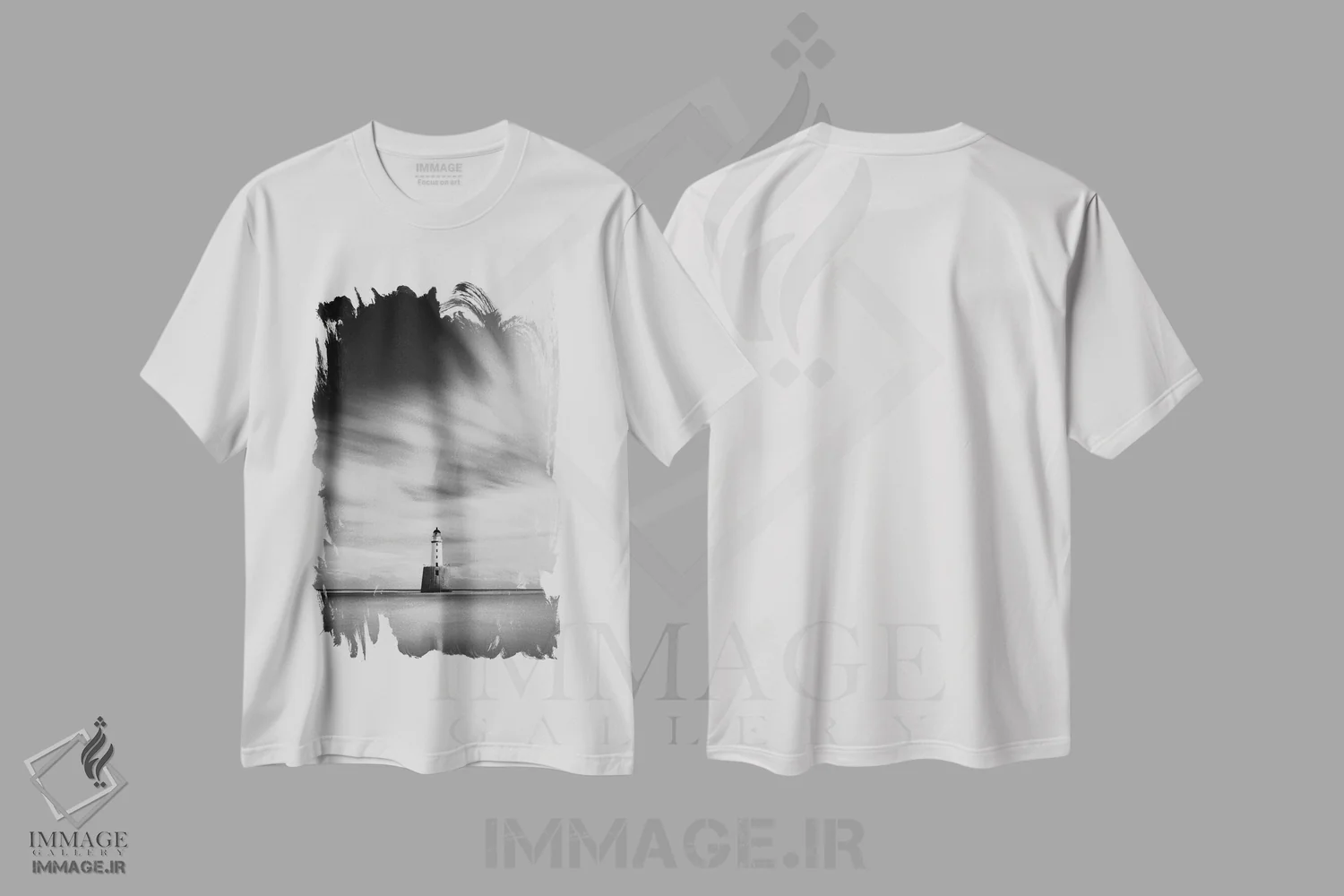 تیشرت سفید طرح دار فانوس دریایی رترِی هد II، عکاسی سیاه و سفید اثر دیو بومن | فروشگاه ایماژ