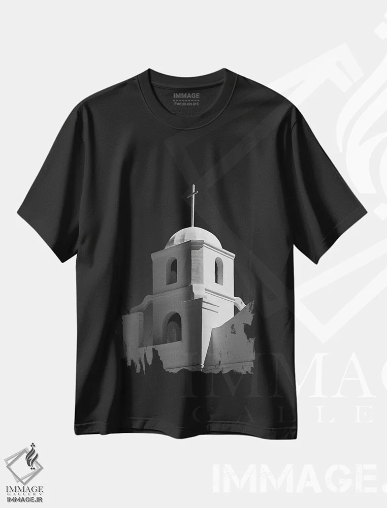 تیشرت مشکی طرح دار برج ناقوس ماموریت گلی قدیمی، عکاسی سیاه و سفید اثر دیو بومن | فروشگاه ایماژ