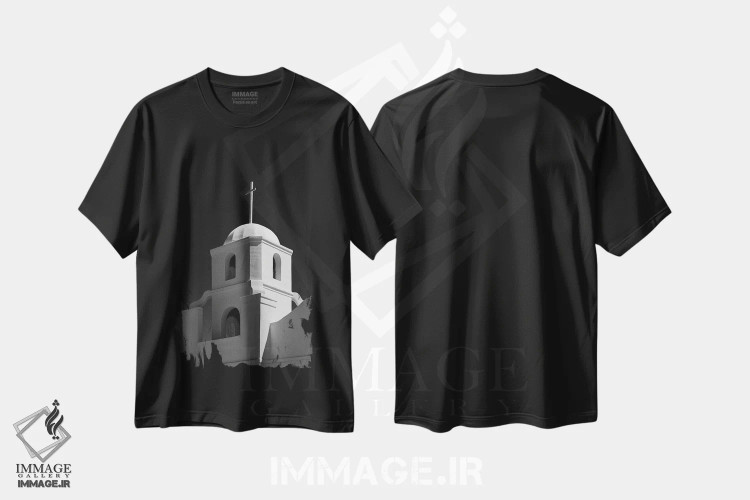 تیشرت مشکی طرح دار برج ناقوس ماموریت گلی قدیمی، عکاسی سیاه و سفید اثر دیو بومن | فروشگاه ایماژ