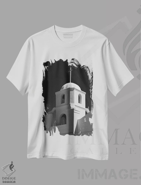 تیشرت سفید طرح دار برج ناقوس ماموریت گلی قدیمی، عکاسی سیاه و سفید اثر دیو بومن | immage.ir