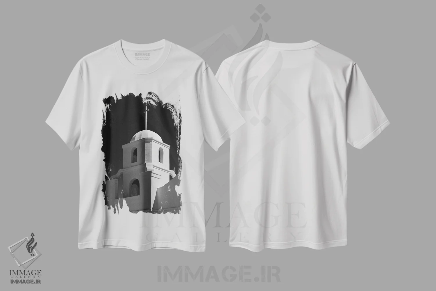 تیشرت سفید طرح دار برج ناقوس ماموریت گلی قدیمی، عکاسی سیاه و سفید اثر دیو بومن | immage.ir