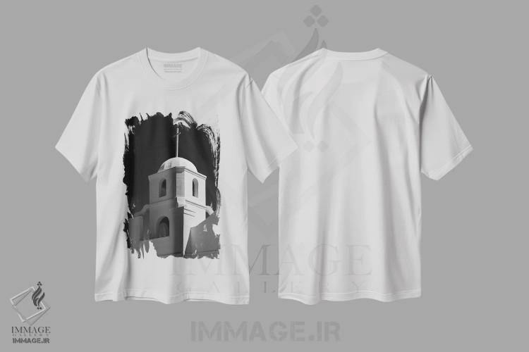 تیشرت سفید طرح دار برج ناقوس ماموریت گلی قدیمی، عکاسی سیاه و سفید اثر دیو بومن | immage.ir