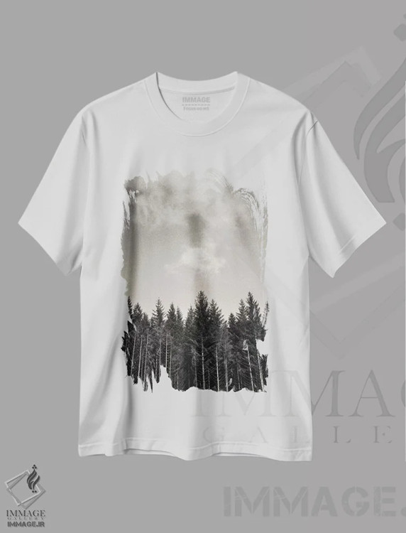 تیشرت سفید طرح دار کاج ها و ابرها، مدیوم اثر دیو بومن | فروشگاه ایماژ