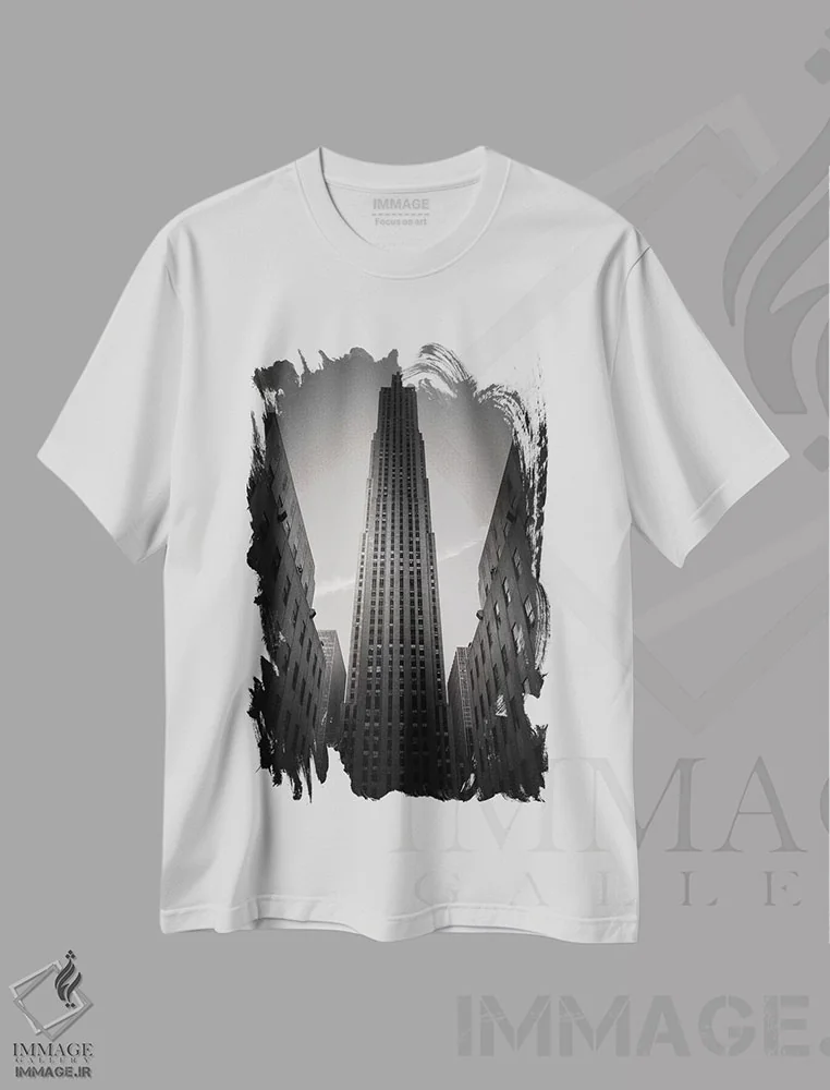 تیشرت سفید طرح دار مرکز راکفلر، عکاسی سیاه و سفید اثر دیو بومن | immage.ir
