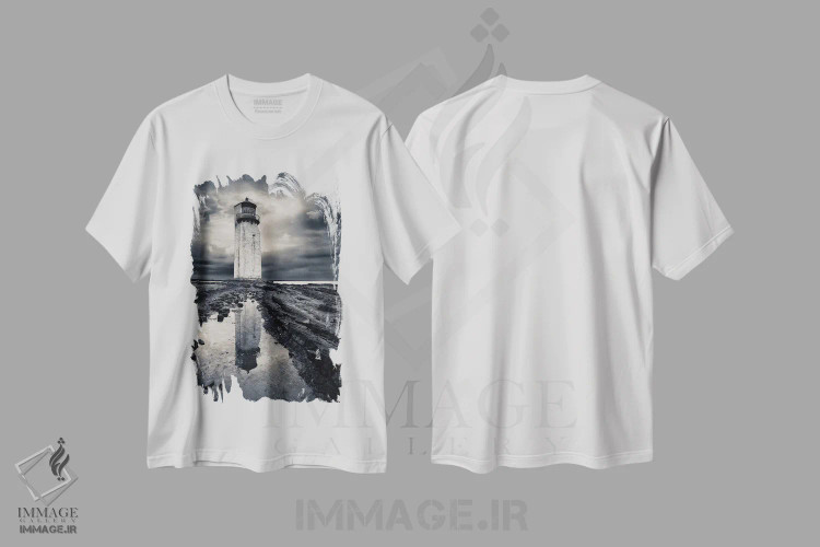 تیشرت سفید طرح دار فانوس دریایی ساترنِس، عکاسی سیاه و سفید اثر دیو بومن | فروشگاه ایماژ