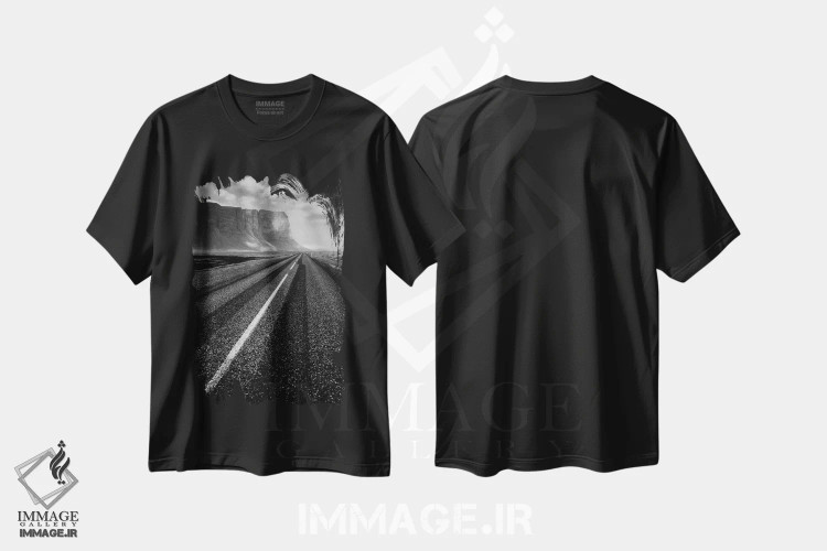 تیشرت مشکی طرح دار جاده ای به ناکجا، عکاسی سیاه و سفید اثر دیو بومن | immage.ir