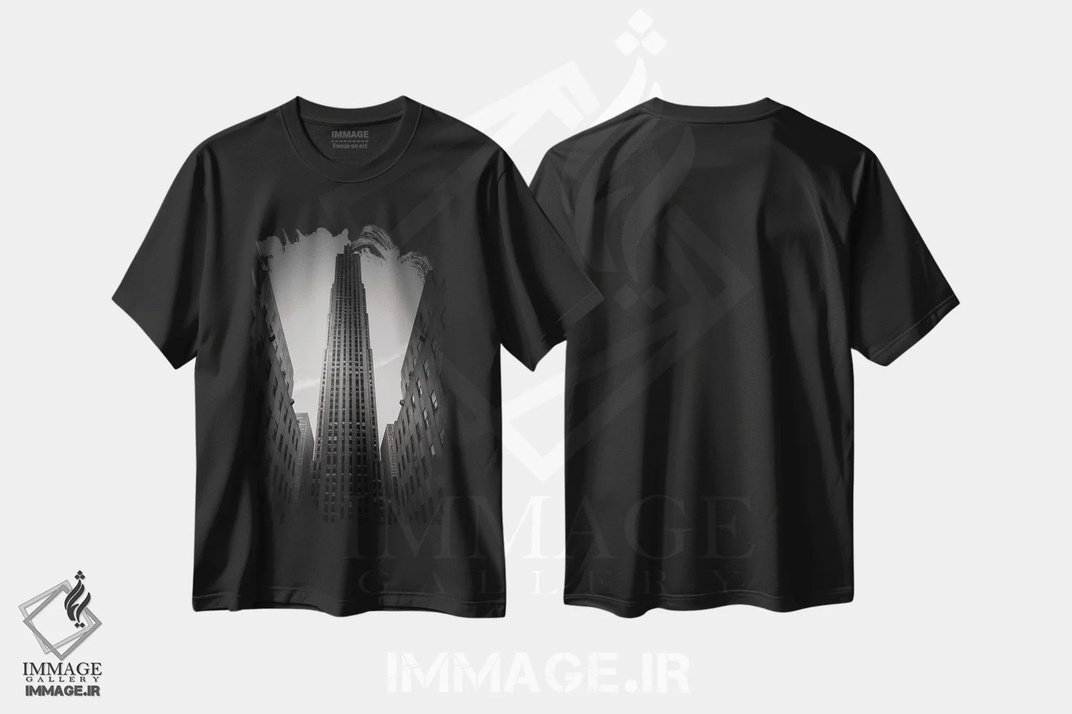 تیشرت مشکی طرح دار مرکز راکفلر، عکاسی سیاه و سفید اثر دیو بومن | فروشگاه ایماژ
