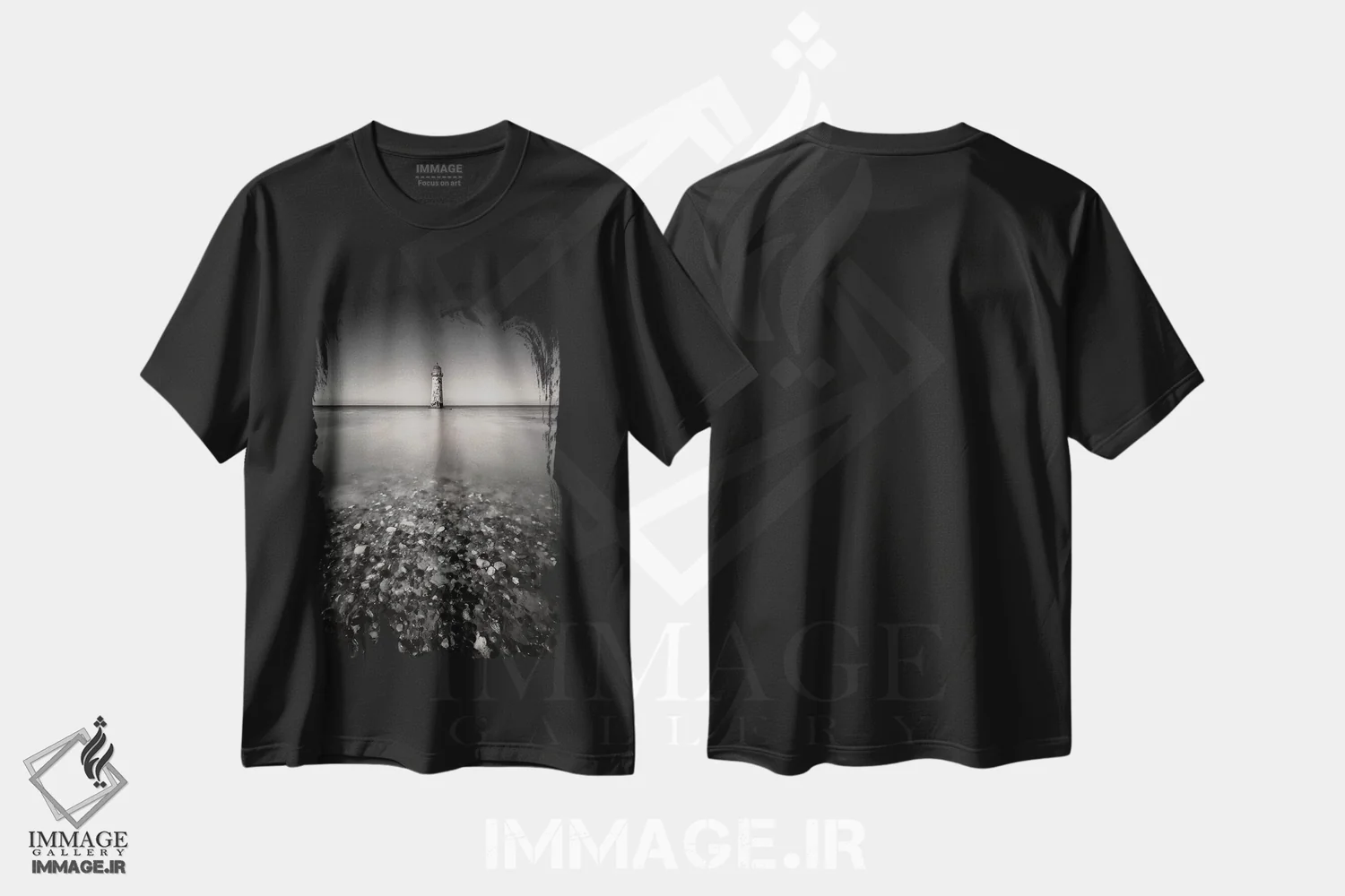 تیشرت مشکی طرح دار فانوس دریایی تالاکر، عکاسی سیاه و سفید اثر دیو بومن | فروشگاه ایماژ