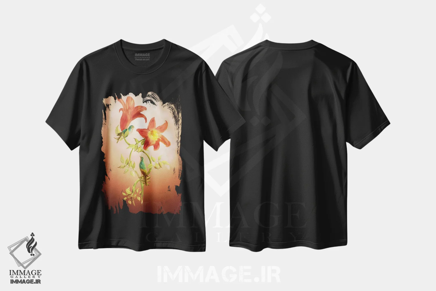 تیشرت مشکی طرح دار گل عاشقان، هنر دیجیتال اثر دیوگو وریسی مو | فروشگاه ایماژ