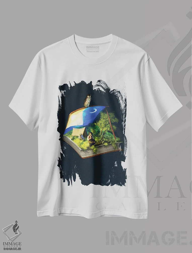 تیشرت سفید طرح دار داستان های کمپینگ، هنر دیجیتال اثر دیوگو وریسی مو | فروشگاه ایماژ