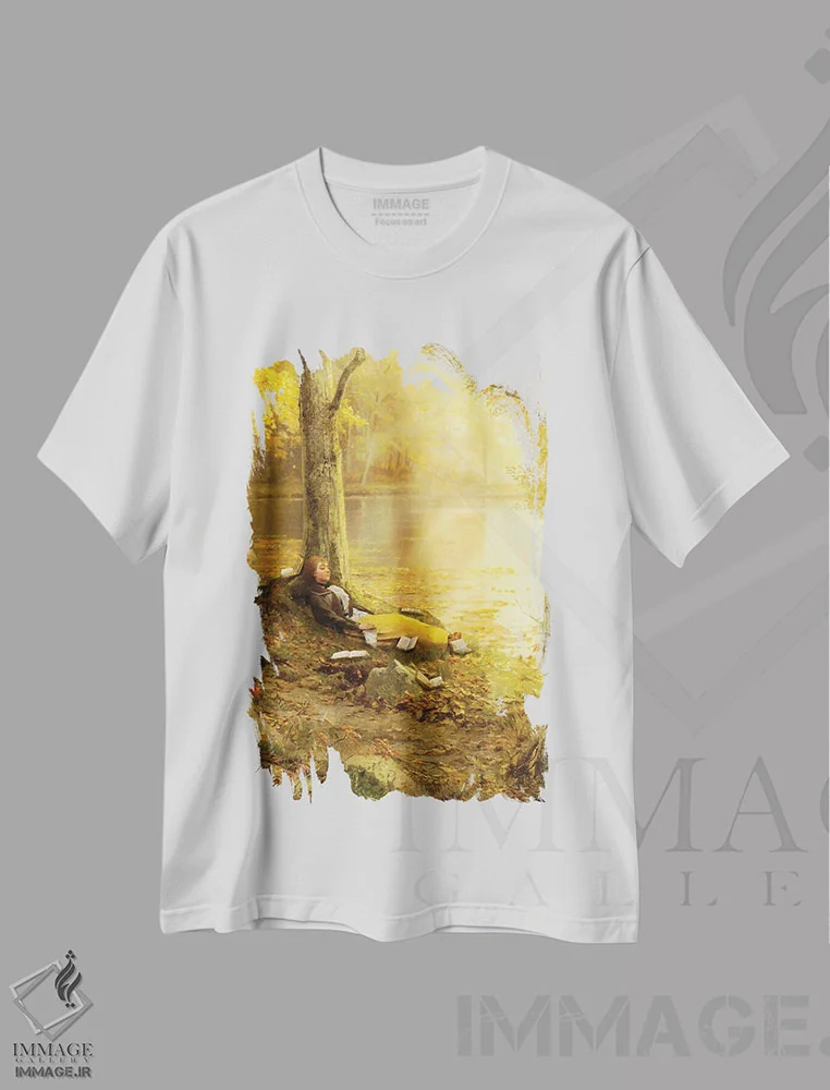 تیشرت سفید طرح دار مطالعه زیر آفتاب طلایی، مدیوم اثر دیوگو وریسی مو | فروشگاه ایماژ