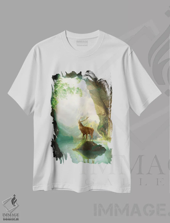 تیشرت سفید طرح دار طلوع گوزنی، مدیوم اثر دیوگو وریسی مو | فروشگاه ایماژ