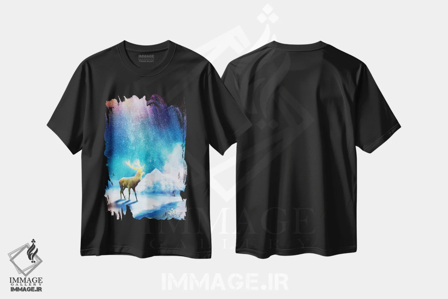 تیشرت مشکی طرح دار شفق قطبی گوزنی، دکور تعطیلات اثر دیوگو وریسی مو | فروشگاه ایماژ