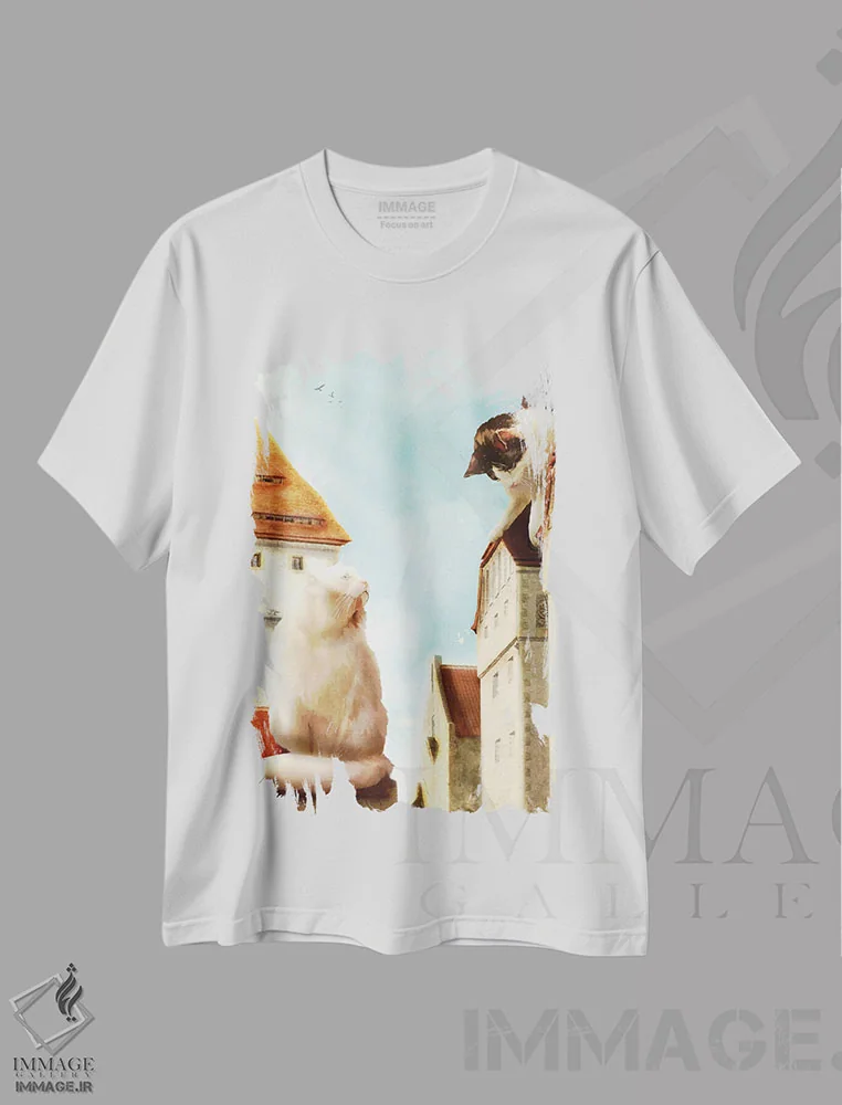 تیشرت سفید طرح دار همسایه های گربه ای، مدیوم اثر دیوگو وریسی مو | فروشگاه ایماژ