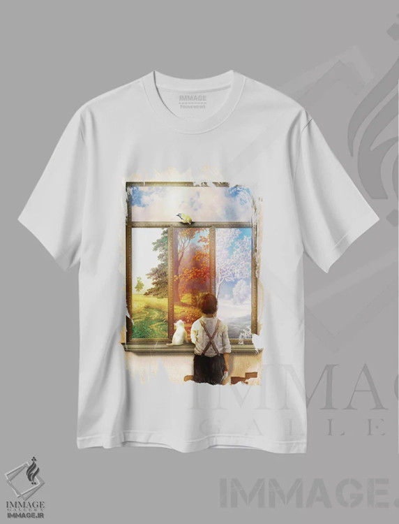 تیشرت سفید طرح دار مناظر پنجره، وینتیج و رترو اثر دیوگو وریسی مو | فروشگاه ایماژ