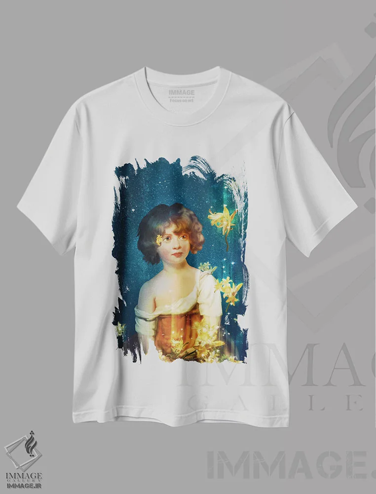 تیشرت سفید طرح دار ستارگان شکوفا، وینتیج و رترو اثر دیوگو وریسی مو | فروشگاه ایماژ