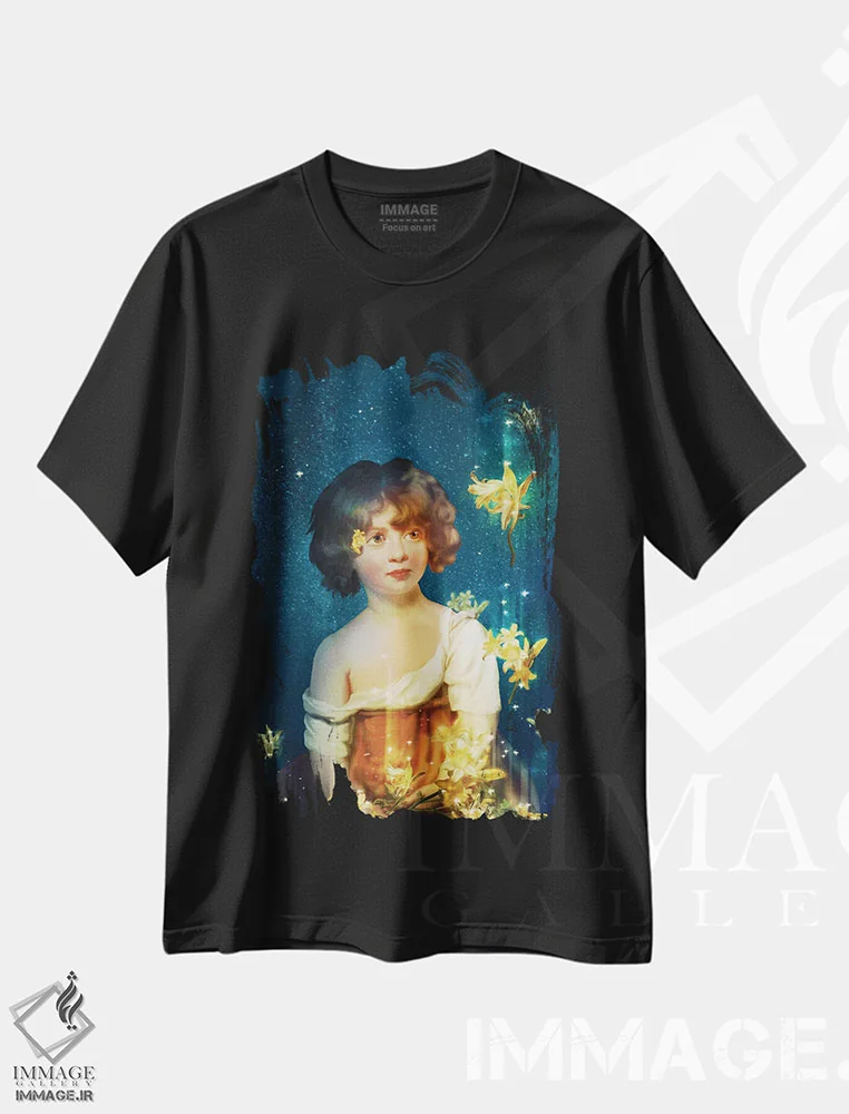 تیشرت مشکی طرح دار ستارگان شکوفا، وینتیج و رترو اثر دیوگو وریسی مو | immage.ir