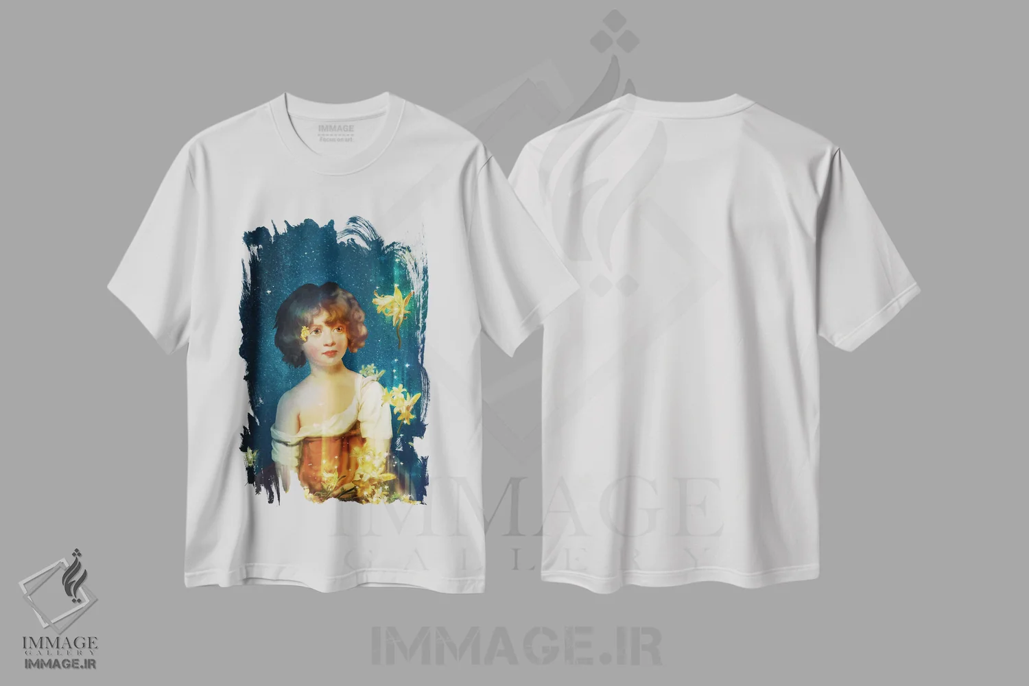 تیشرت سفید طرح دار ستارگان شکوفا، وینتیج و رترو اثر دیوگو وریسی مو | فروشگاه ایماژ