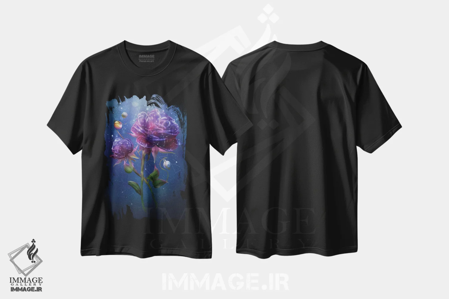 تیشرت مشکی طرح دار گل کیهانی، تزئینی اثر دیوگو وریسی مو | فروشگاه ایماژ