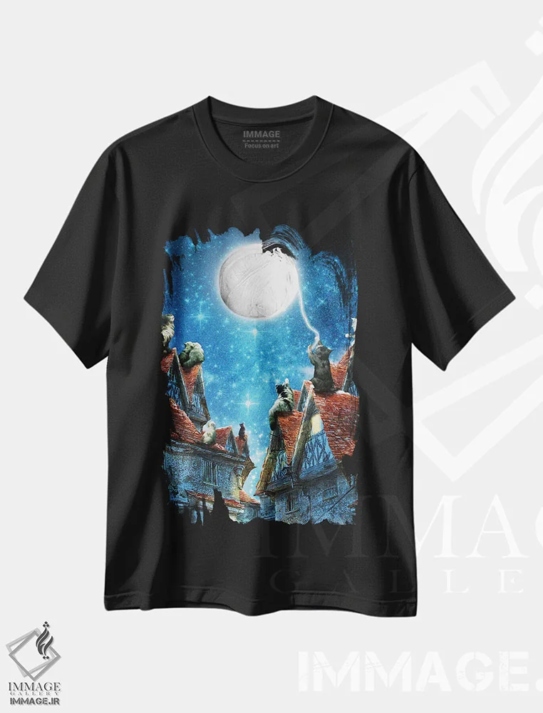تیشرت مشکی طرح دار رویاهای گربه ای، هنر فاخر معاصر اثر دیوگو وریسی مو | immage.ir