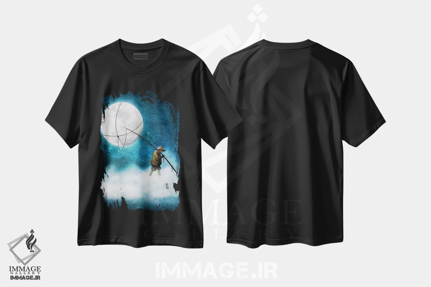 تیشرت مشکی طرح دار راه رفتن روی ماه، هنر فاخر معاصر اثر دیوگو وریسی مو | فروشگاه ایماژ