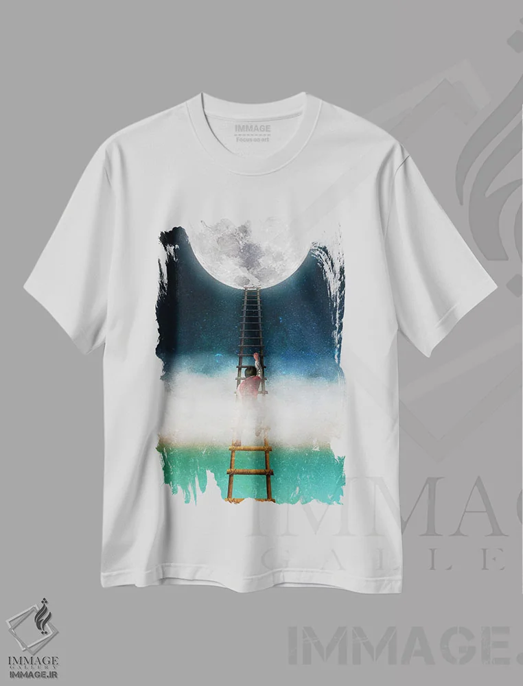 تیشرت سفید طرح دار دست یابی به ماه ۲، هنر فاخر معاصر اثر دیوگو وریسی مو | فروشگاه ایماژ