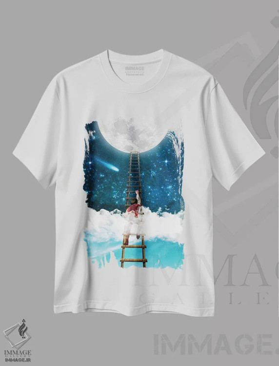تیشرت سفید طرح دار دست یابی به ماه ۱، هنر فاخر معاصر اثر دیوگو وریسی مو | immage.ir