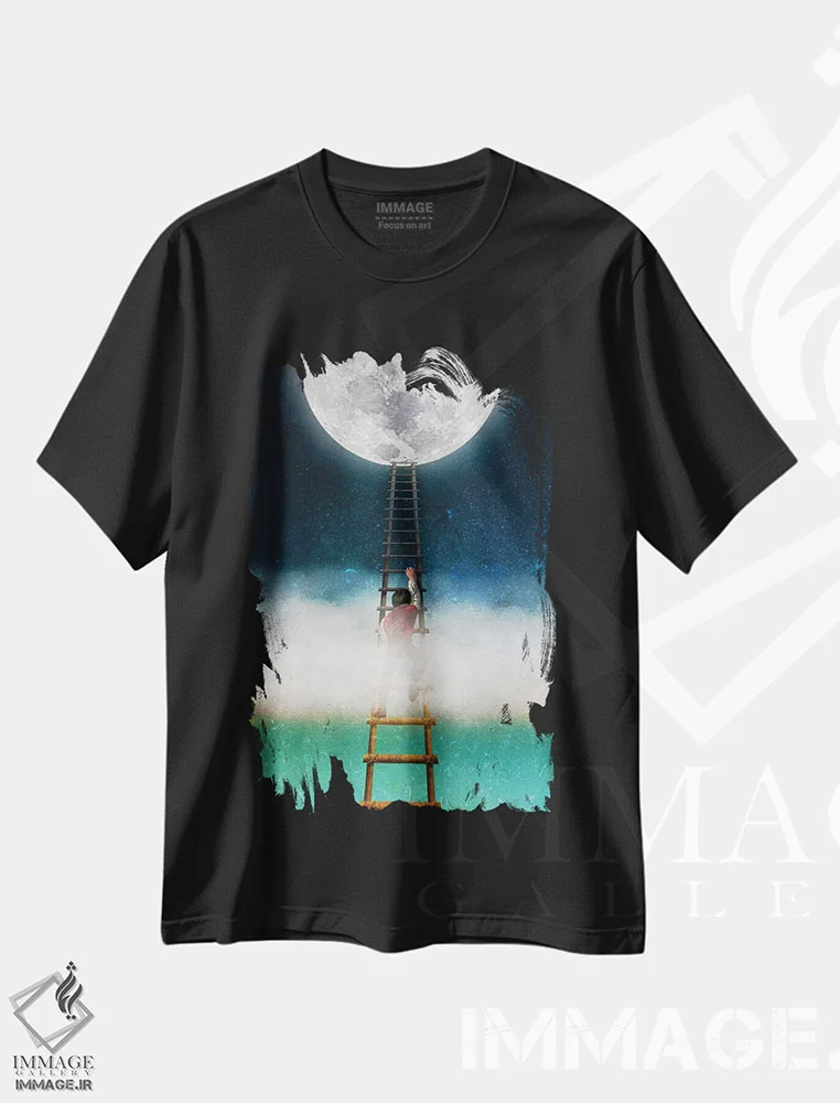 تیشرت مشکی طرح دار دست یابی به ماه ۲، هنر فاخر معاصر اثر دیوگو وریسی مو | immage.ir
